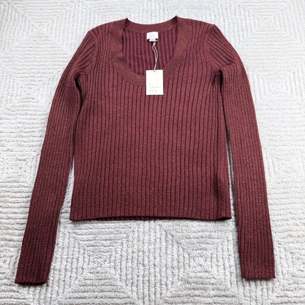 A New Day Ribbed Metallic Knit Top Women's Medium Burgundy Shimmer Scoop Neck
